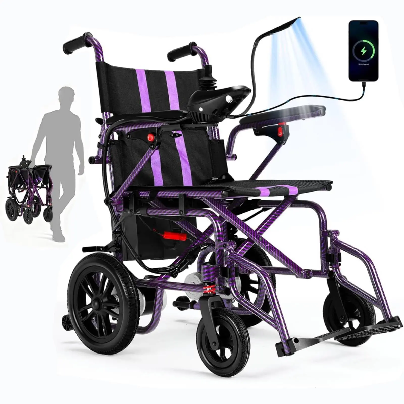 Electric Wheelchairs for Adults，Lightweight Foldable Wheelchair 15 Miles Long Travel Range, 360° Joystick Control Motorized Wheelchair, Support 286 lbs with LED Light Power Wheelch